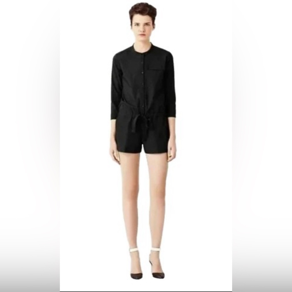 Kate Spade Saturday Black Button-Up Cinch Waist Canvas Half Sleeve Romper